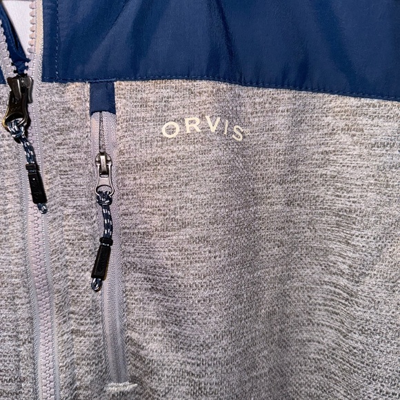 Orvis Men’s Navy and Gray Bonded Mesh Full Zip Fleece Zip Up Jacket Size Medium - Picture 3 of 5